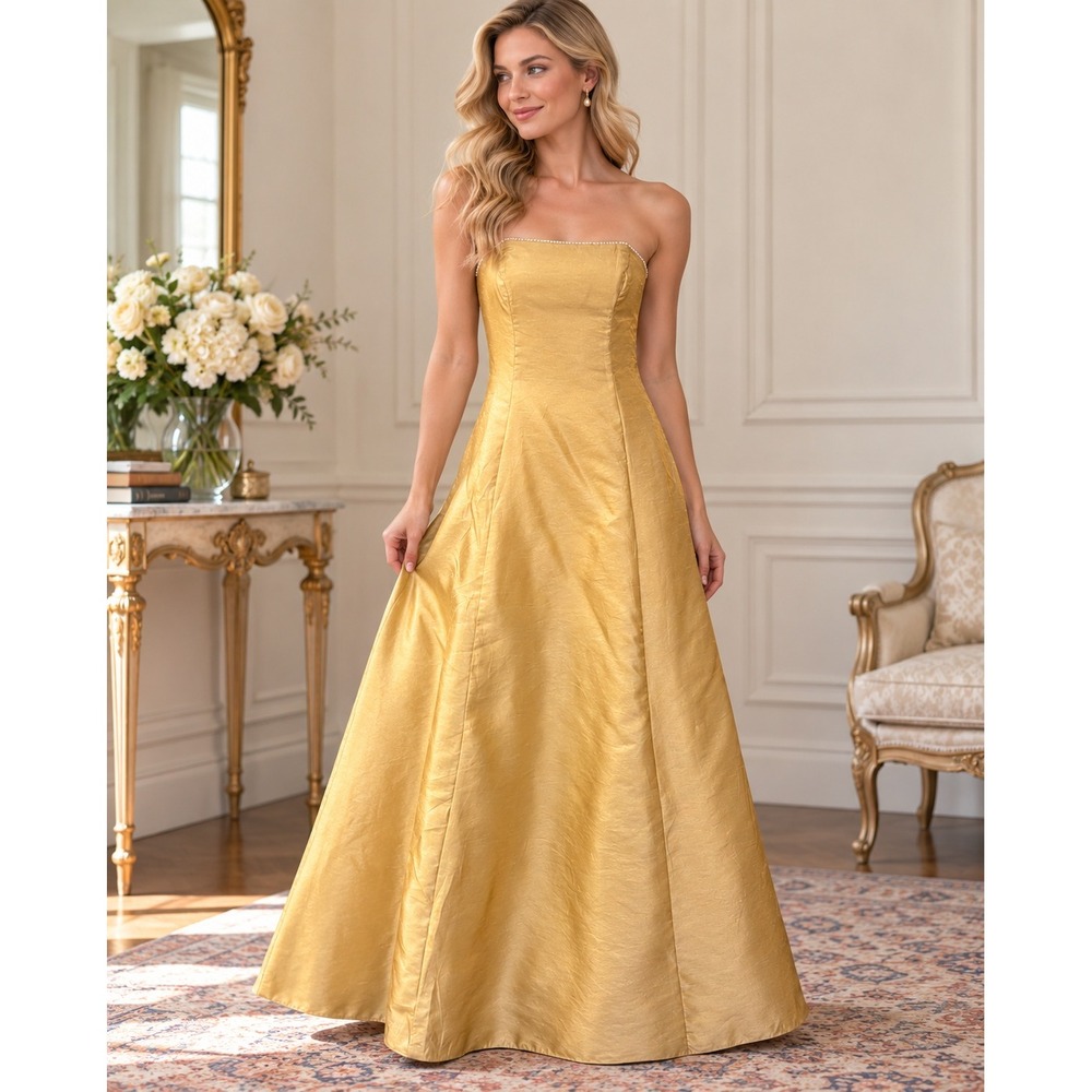 Vintage Y2K Jump Apparel Co Strapless Gown Gold Glam Prom Formal - Picture 2 of 6